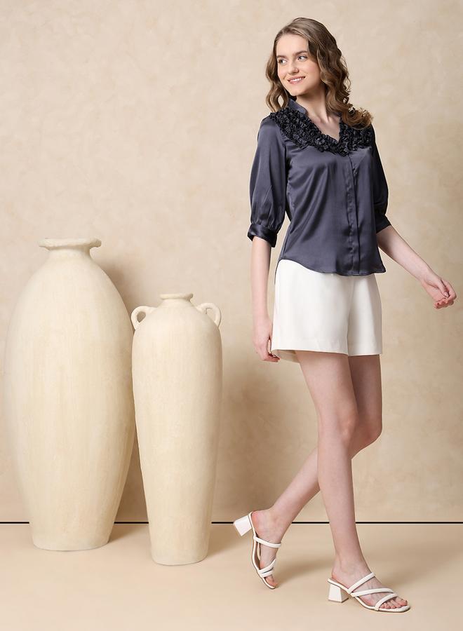 Mish Women Grey Satin Ruffle Neck Top - Image 2
